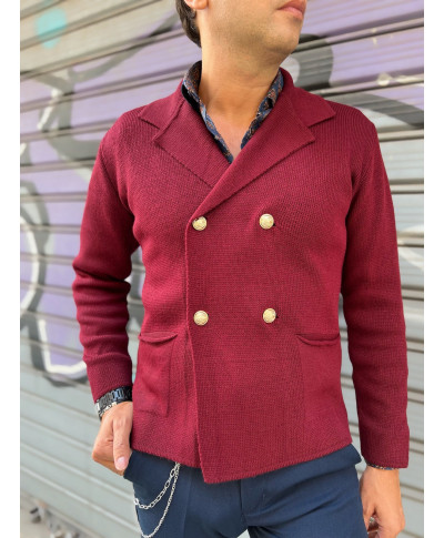 Cardigan uomo doppiopetto, bordeaux - Made in Italy - Bottoni dorati