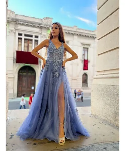 Vestito lungo elegante - Blu chiaro - Con spacco