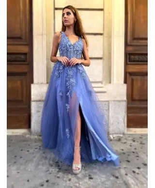 Vestito lungo elegante - Blu chiaro - Con spacco