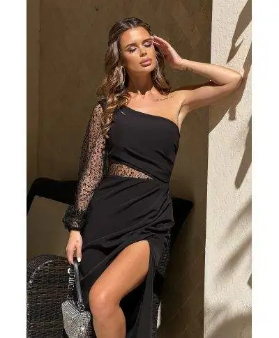 Abito donna, elegante - Lungo - Mono spalla - Nero