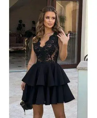 Abito donna, corto - Elegante - Nero - A palloncino