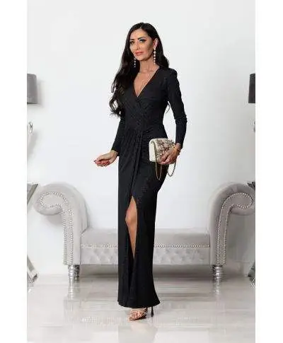 Abito donna, elegante - Maxi - Maniche lunghe - Colore Nero glitterato.
