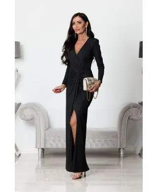 Abito donna, elegante - Maxi - Maniche lunghe - Colore Nero glitterato.