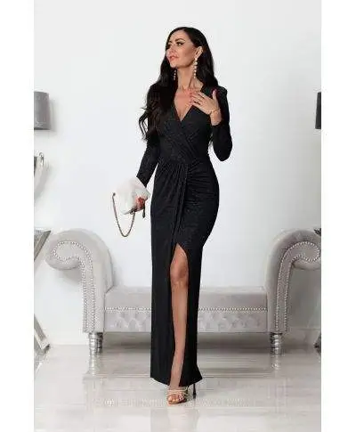 Abito donna, elegante - Maxi - Maniche lunghe - Colore Nero glitterato.
