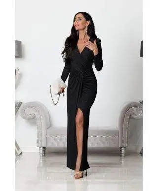 Abito donna, elegante - Maxi - Maniche lunghe - Colore Nero glitterato.