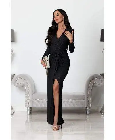 Abito donna, elegante - Maxi - Maniche lunghe - Colore Nero glitterato.