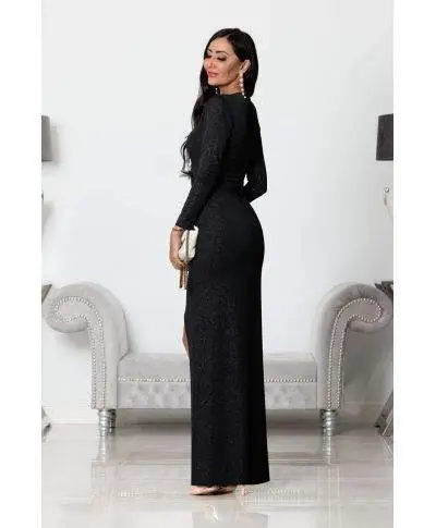 Abito donna, elegante - Maxi - Maniche lunghe - Colore Nero glitterato.