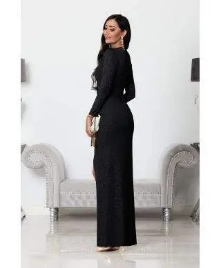 Abito donna, elegante - Maxi - Maniche lunghe - Colore Nero glitterato.