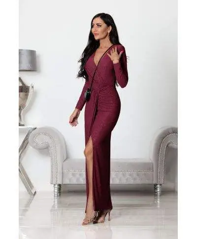 Abito donna, elegante - Maxi - Maniche lunghe - Colore bordeaux glitterato
