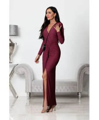 Abito donna, elegante - Maxi - Maniche lunghe - Colore bordeaux glitterato