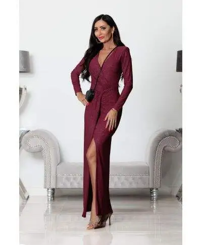 Abito donna, elegante - Maxi - Maniche lunghe - Colore bordeaux glitterato