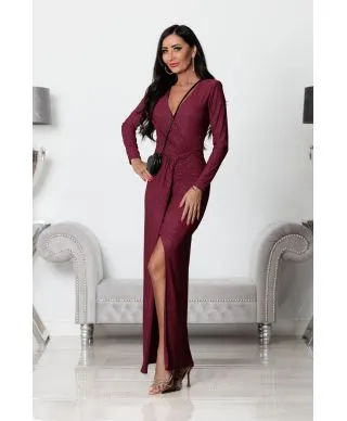 Abito donna, elegante - Maxi - Maniche lunghe - Colore bordeaux glitterato