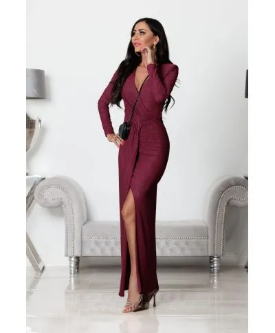 Abito donna, elegante - Maxi - Maniche lunghe - Colore bordeaux glitterato