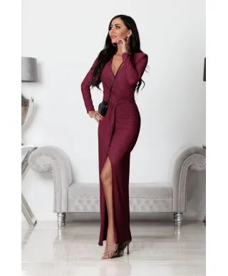 Abito donna, elegante - Maxi - Maniche lunghe - Colore bordeaux glitterato