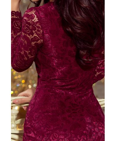  170-5 Sukienka koronkowa z długim rękawkiem i DEKOLTEM - BORDOWA 