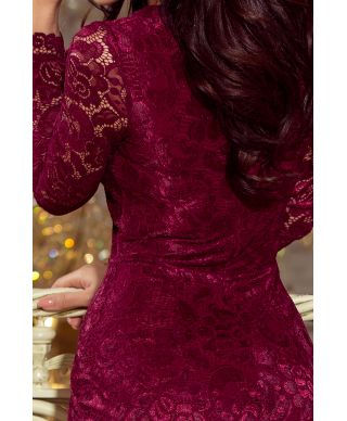  170-5 Sukienka koronkowa z długim rękawkiem i DEKOLTEM - BORDOWA 