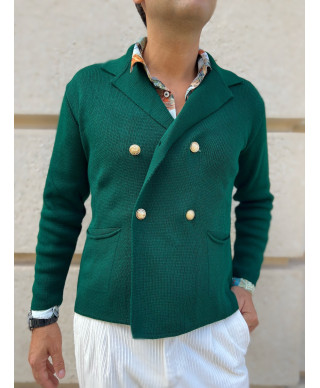 Cardigan uomo doppiopetto, verde smeraldo - Made in Italy - Bottoni dorati