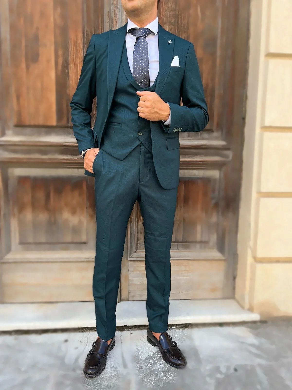 Abito uomo, verde petrolio Con gilet doppiopetto