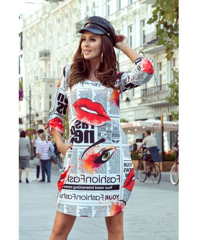  281-1 SOPHIE Wygodna sukienka Oversize - GAZETOWY WZÓR 