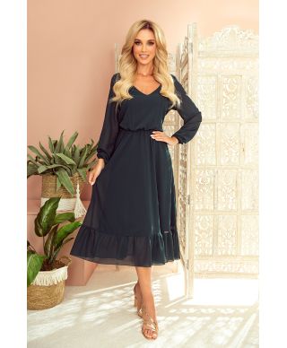  304-2 Szyfonowa sukienka midi z dekoltem i falbanką - ZIELEŃ BUTELKOWA 