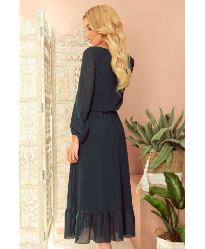  304-2 Szyfonowa sukienka midi z dekoltem i falbanką - ZIELEŃ BUTELKOWA 