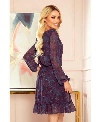  295-4 BAKARI zwiewna szyfonowa sukienka z dekoltem - różowo-niebieskie MANDALE 