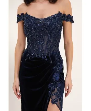 Abito da sera elegante – Lungo - Corsetto decorato con guipure - Blu