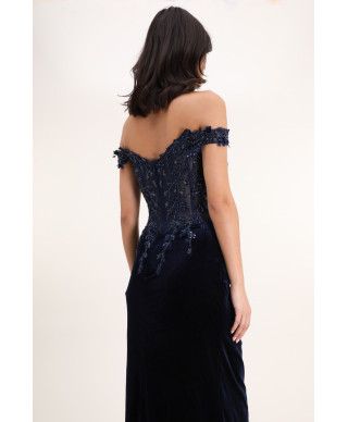 Abito da sera elegante – Lungo - Corsetto decorato con guipure - Blu