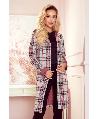  218-5 Ciepła narzutka z kapturem i kieszonkami - CZERWONA KRATKA 