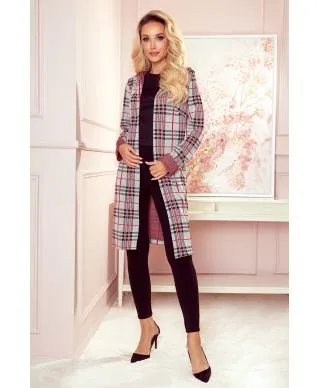  218-5 Ciepła narzutka z kapturem i kieszonkami - CZERWONA KRATKA 