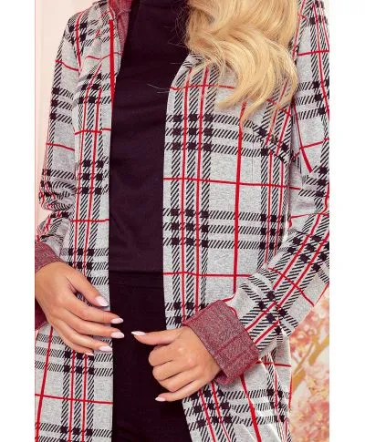  218-5 Ciepła narzutka z kapturem i kieszonkami - CZERWONA KRATKA 