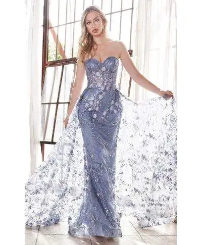 Abito da sera, elegante - modello sirena - con coda - colore azzurro