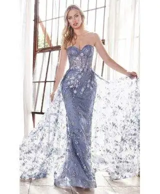 Abito da sera, elegante - modello sirena - con coda - colore azzurro