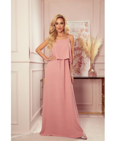  294-3 Długa letnia sukienka na ramiączkach - PUDROWY RÓŻ 