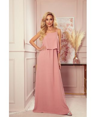  294-3 Długa letnia sukienka na ramiączkach - PUDROWY RÓŻ 