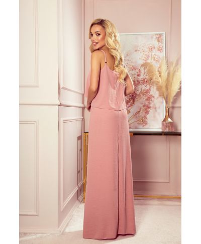  294-3 Długa letnia sukienka na ramiączkach - PUDROWY RÓŻ 