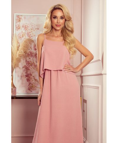 294-3 Długa letnia sukienka na ramiączkach - PUDROWY RÓŻ 
