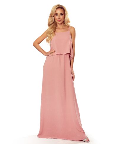  294-3 Długa letnia sukienka na ramiączkach - PUDROWY RÓŻ 