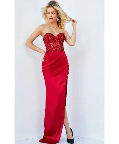 Abito da sera, lungo – Rosso - Corsetto in pizzo - spacco profondo