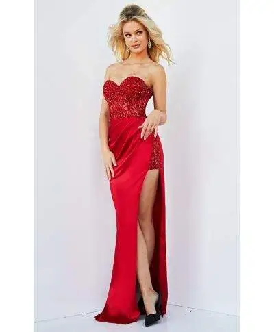 Abito da sera, lungo – Rosso - Corsetto in pizzo - spacco profondo
