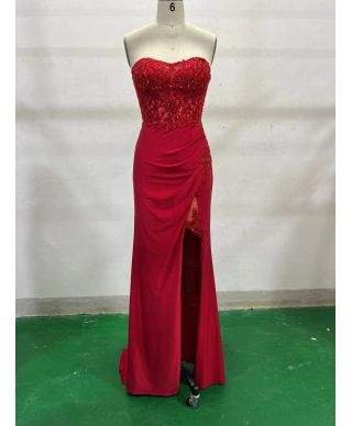 Abito da sera, lungo – Rosso - Corsetto in pizzo - spacco profondo