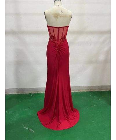 Abito da sera, lungo – Rosso - Corsetto in pizzo - spacco profondo