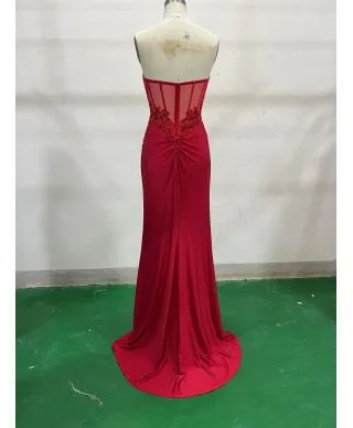Abito da sera, lungo – Rosso - Corsetto in pizzo - spacco profondo