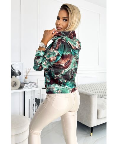  390-2 Bluza kangurka z kapturem - turkusowo-brązowy marmur 