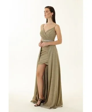 Vestito lungo elegante Dora - Tessuto Oro - blu