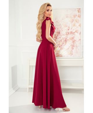  405-1 ELENA Długa suknia z dekoltem i wiązaniami na ramionach - BORDOWA 