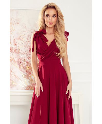 405-1 ELENA Długa suknia z dekoltem i wiązaniami na ramionach - BORDOWA 