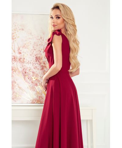  405-1 ELENA Długa suknia z dekoltem i wiązaniami na ramionach - BORDOWA 