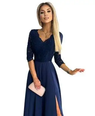  309-6 AMBER elegancka koronkowa długa suknia z dekoltem - GRANATOWA 