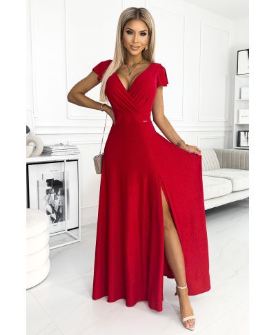 Vestito elegante rosso brillante lungo con corpetto incrociato – Modello CRYSTAL